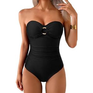 Daci Womens Black One Piece Swimsuit Tummy Control Moderate Coverage Bathing Suit 2025 Bandeau Strapless Swimwear M