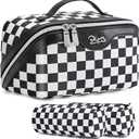 BOYATU Travel Makeup Bag Cosmetic Bags for Women: Large Make up Bags Set of 3 - Portable Makeup Organizer with Compartments&Handle&Divider - Waterproof PU Leather Toiletry Bag(A-5-Checkered Mix Black)