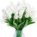 Sggvecsy 30 Pcs Fake Tulips Artificial Flowers Real Touch PU Faux Flowers Tulip Stems for Wedding Spring Bouquet Floral Arrangement Home Party Office Decorations for Mother's Day (White)