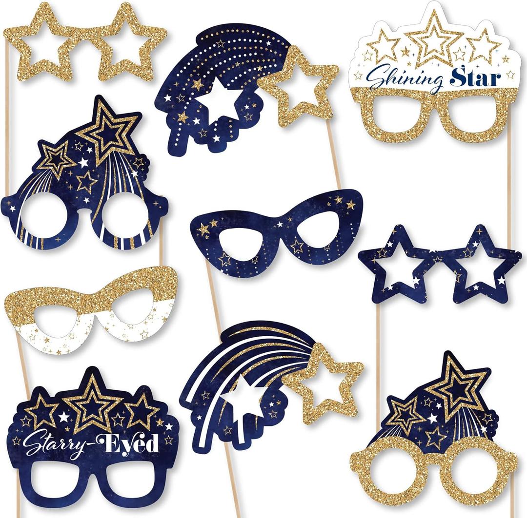 Big Dot of Happiness Starry Skies Glasses - Photo Booth Props & Decor, Gold Celestial Party Supply Kit, Durable Card Stock & Elegant Design - 10 Count