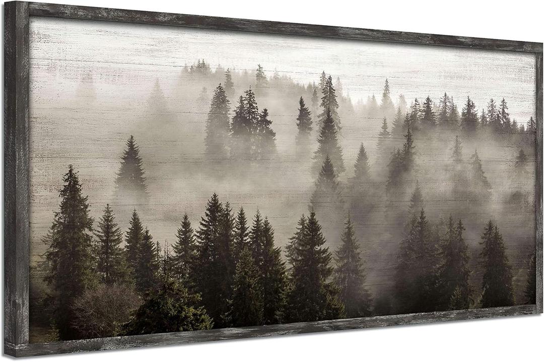 Foggy Forest Wooden Wall Art: Landscape Mountain Artwork Prints with Wooden Framed for Living Room (40W x 20H, Multi-Sized)