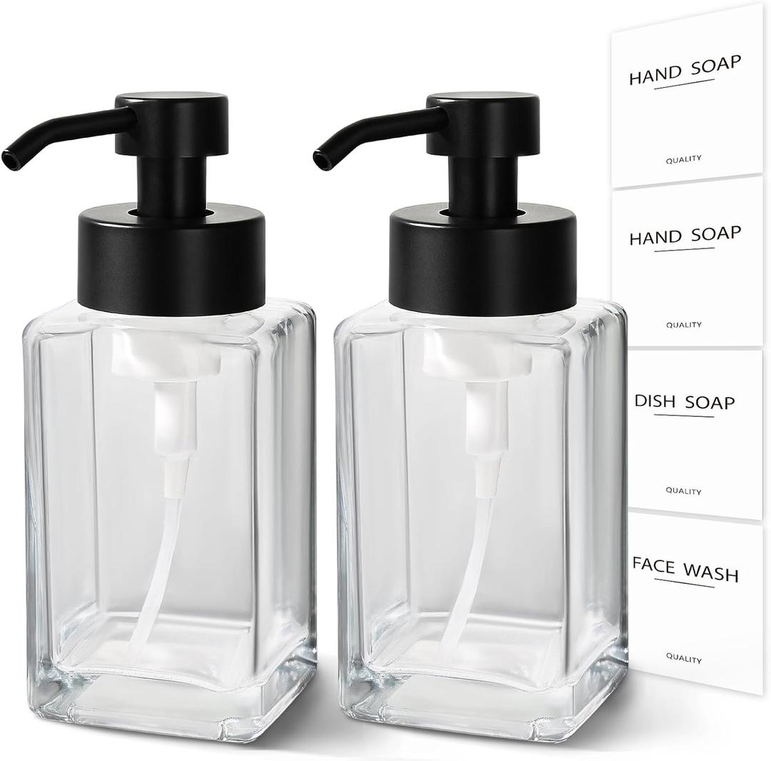 Foaming Soap Dispenser, 12oz/350ml Glass Foaming Hand Soap Dispenser Set, 2Pcs Refillable Foam Soap Dispenser With Foaming Pump, Labels, Square Foam Soap Hand Dispenser For Bathroom, Kitchen (Clear)