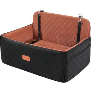 HEGGCOOE Dog Car Seat for Medium/Large Dogs, Pet Booster Seat for Under 55 lbs or 2 Small Dogs, Detachable & Washable Dog Car Bed for Backseat with 2 Safety Leashes(Black/Brown)
