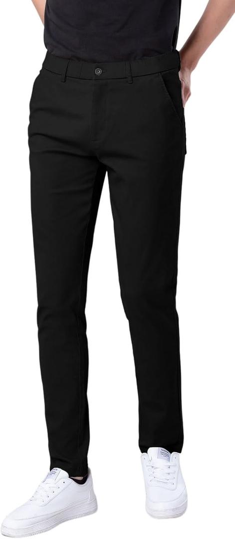 Plaid&Plain Men's Skinny Stretchy Khaki Pants Colored Pants Slim Fit Slacks Tapered Trousers, Size 32W x 30L (Black)