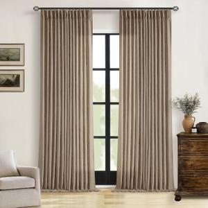 Pleated Linen Curtains 96 Inches Long Living Room 2 Panel Set Semi Sheer Light Filtering Pinch Pleat Rings Hooks Drapes Boho Farmhouse Rustic Light Brown Tan Latte Curtain Bedroom Window