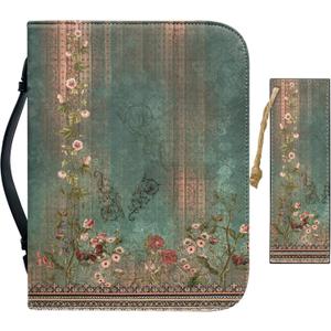 Large Bible Cover Case for Women Men Boho Floral Leather Bible Case with Bookmark Church Bag Book Carrying Case Green (L-11*8*2 inches)
