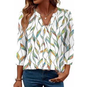 XIEERDUO 3/4 Length Sleeve Womens Tops V Neck Pleated Work Blouses Dressy Casual Summer Tops 2025 Trendy (L)