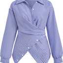 Women's Striped Bow Tie Shirt Elegant Wrap Button Front Long Sleeve Business Casual Blouse Blue and White Small