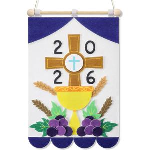 Wettarn First Communion Banner Kit for Boys Girls 9 x 12 Catholic Christian Religious Crafts Felt DIY Holy Communion Banner for Kids Sunday School Church Activity Baptism Party Decoration(Dark Blue)