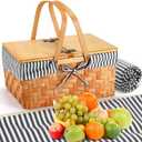 Picnic Basket with Blankets Kit, Handwoven Natural Woodchip Basket with Lid Handle and Extra Large Foldable Waterproof Picnic Mat for Outdoor Camping Beach Grass Party Hiking Travel (Black)