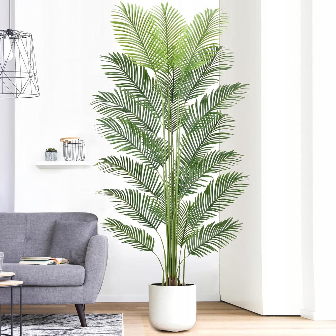 Artificial Palm Tree 7FT with 20 Leaves & White Planter Faux Green Tropical Areca Palm Fake Floor Realistic Plants for Indoor Home Office Porch Mall Hotel Decor Housewarming Gift(7FT, 1Pack)