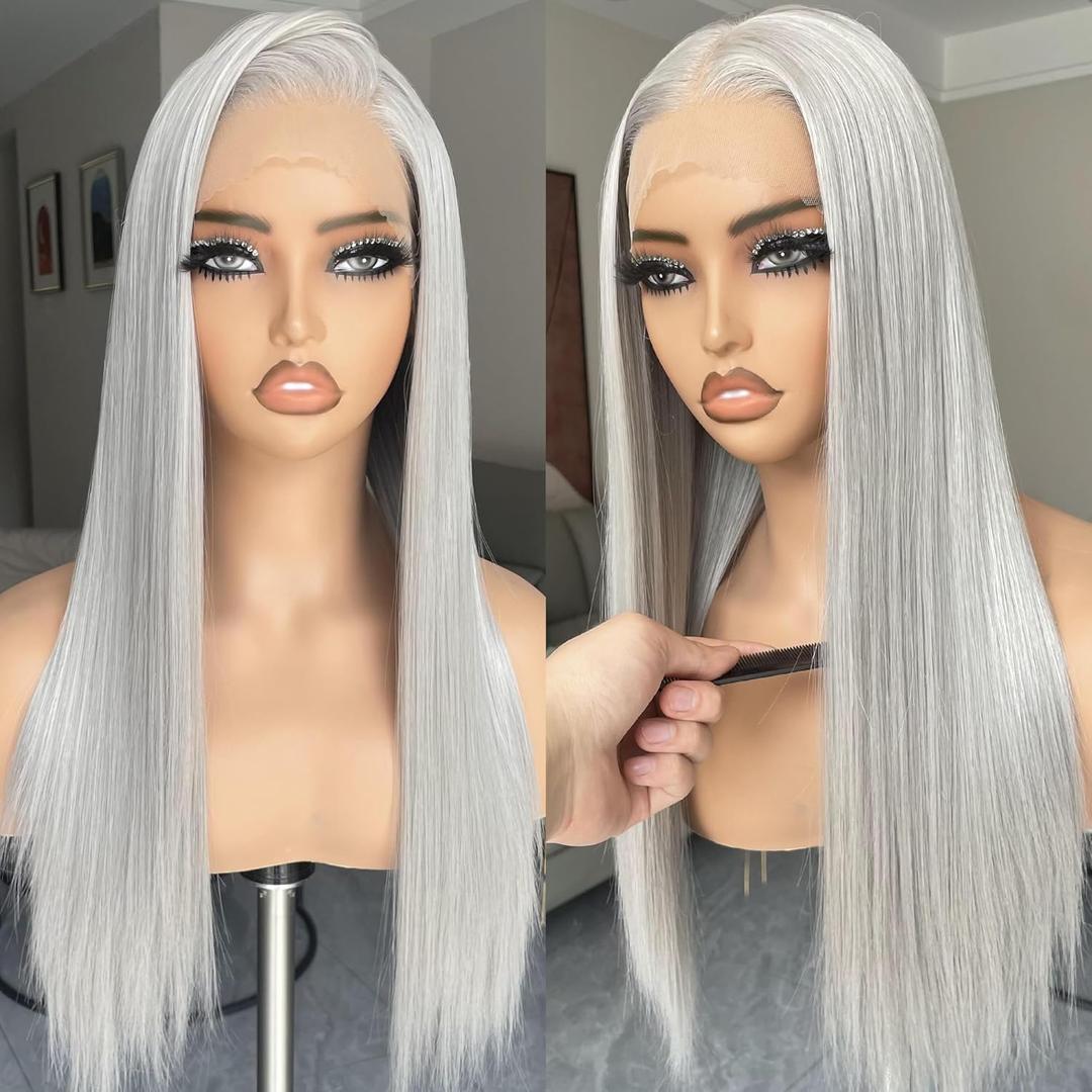 BLL Grey Lace Front Wig, 13x4 Silver Synthetic Wig Pre Plucked Small Knots Ready to Wear Long Straight Gray Glueless Wigs For Black Women Natural Density 26inch Suitable For Daily Party Wear