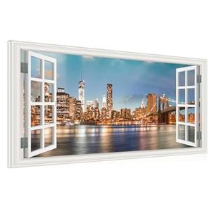 Window View New York Night Canvas Wall Art- City Landscape Canvas Print Pictures Painting Artwork Framed for Living Room Bedroom Bathrom Offce Decor-20"x40"