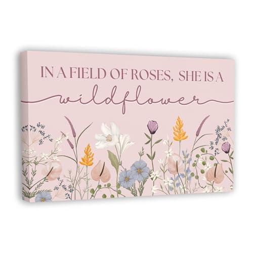 HoneyKICK Nursery Wall Art Décor For Baby Girl Room - In a Field of Roses She is a Wildflower - Sized 16.5" x 10" For Toddler & Children's Floral Bedroom Wall Décor
