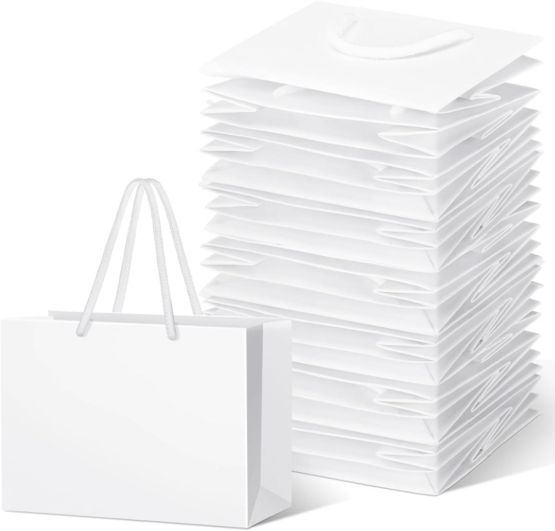 Fainne 24 Pcs White Mini Gift Bags with Handle Gift Card Bags Bulk Extra Small Paper Party Favor Boxes Tiny for Mother's Day Wedding Baby Shower Birthday Wrapping Supplies, 7.4 x 5.1 x 2.3 Inch