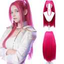 Long Hot Pink Wigs for Kids Girls Cartoon Movie Halloween Cosplay Costume Anime Wig