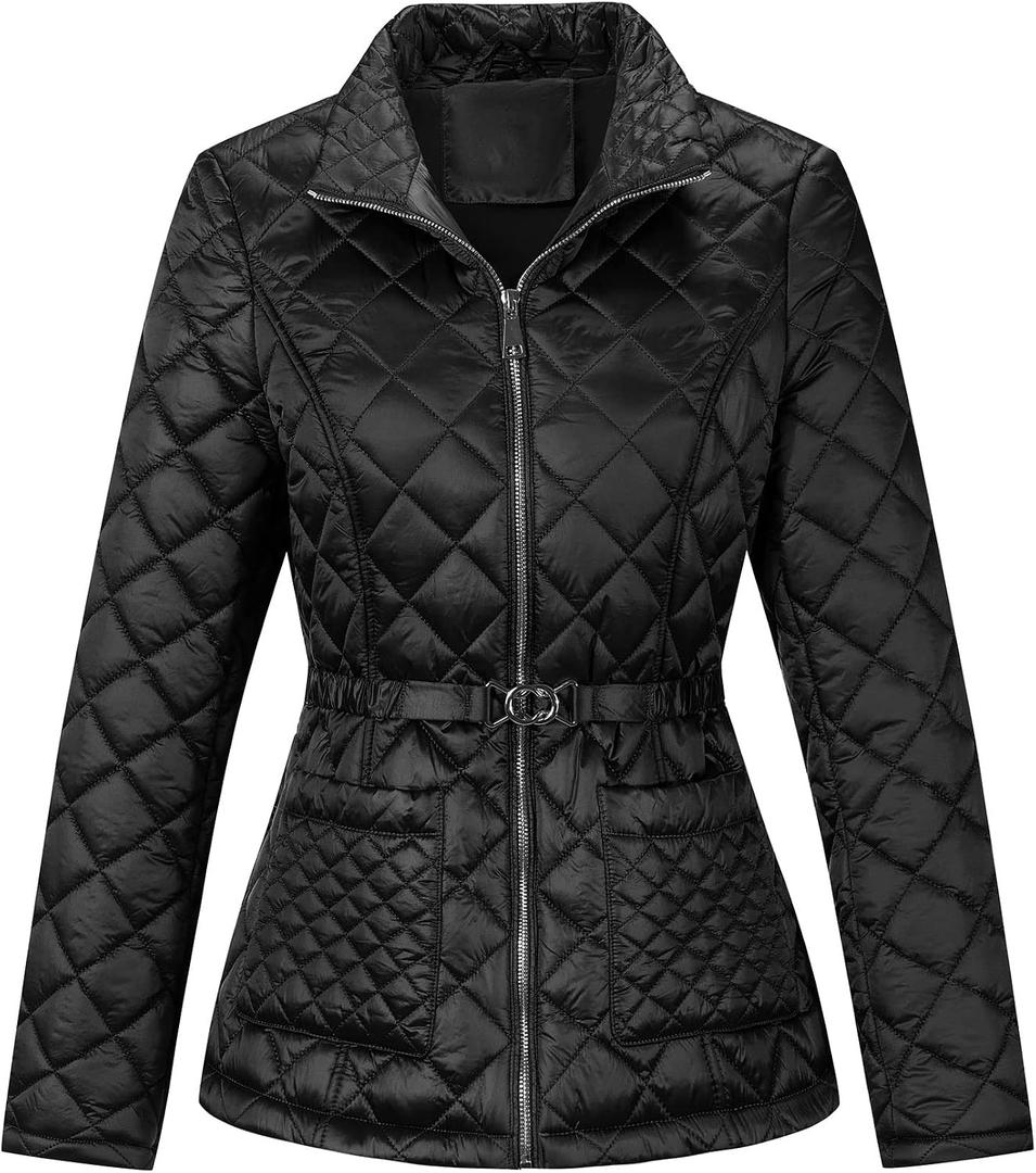 Bellivera Women Lightweight Coat Short Quilted Puffer Long Sleeve Belted Jacket Pockets, S