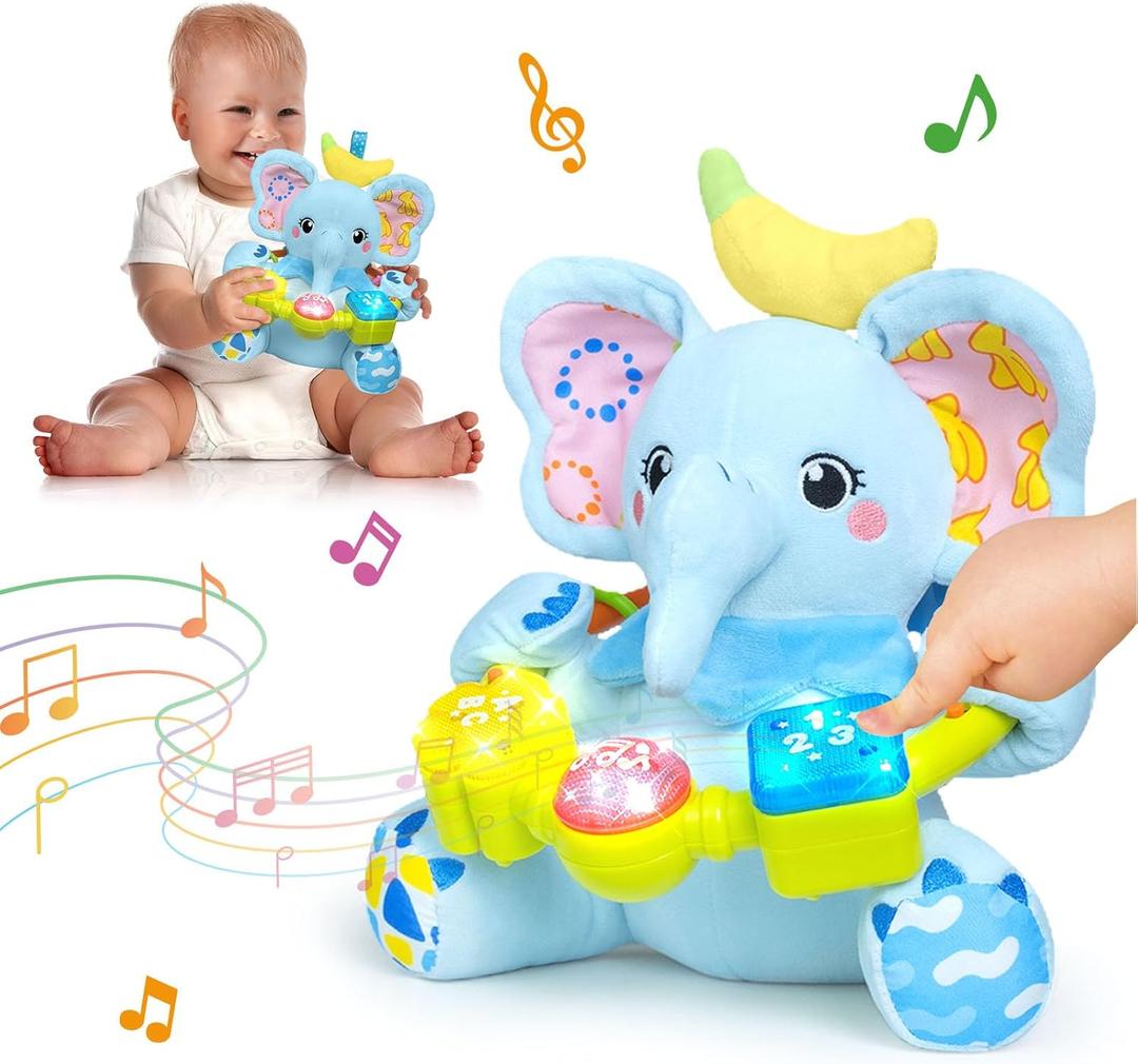 Ryotagift Baby Bilingual Musical Elephant Stuffed Animals Toys, Infant Early Learning Toy with Light-Up Music & Crinkle, Tummy Time Toys for 0 3 6 9 12+ Months for Baby Boy Girl Gift, Blue