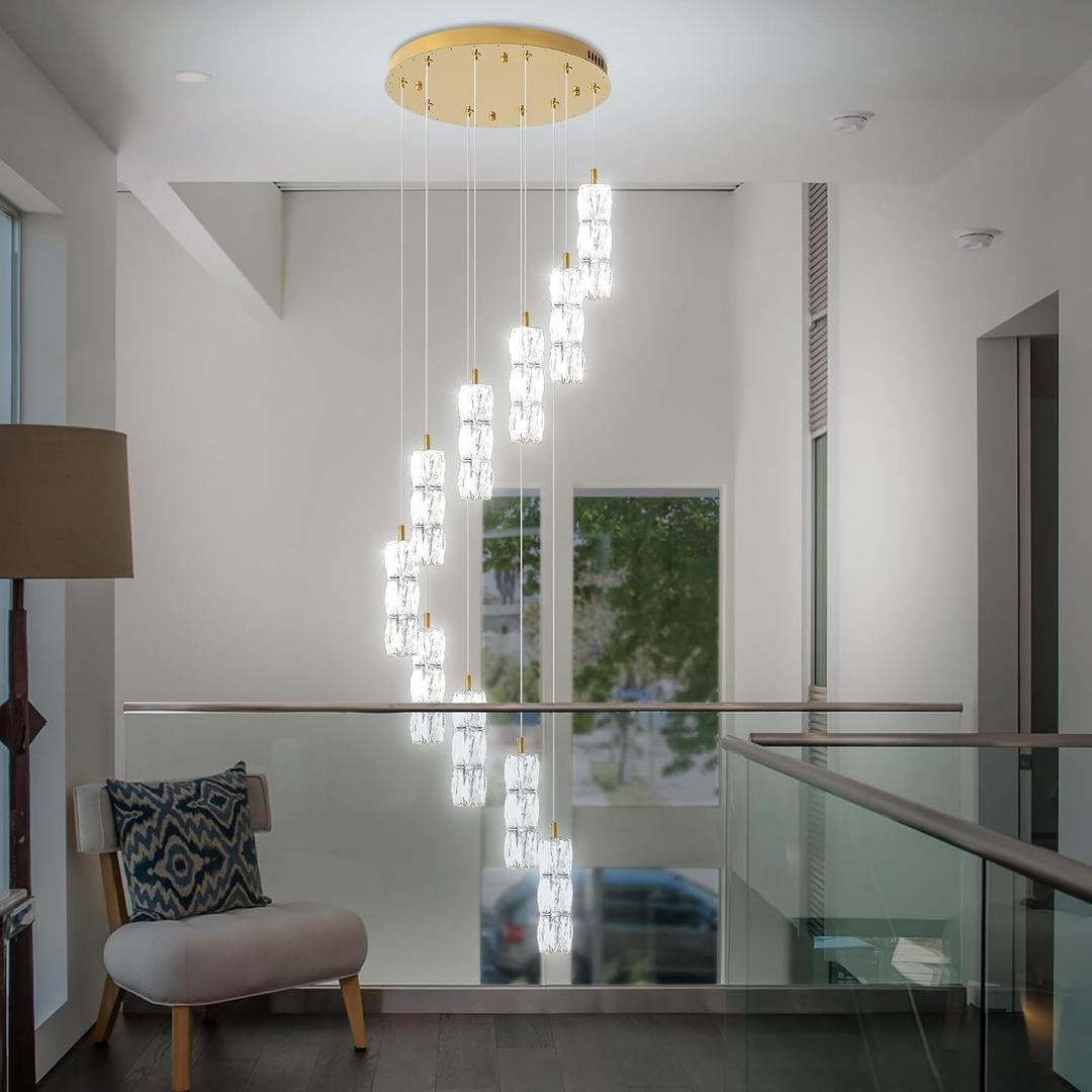 ykolupty Large Chandeliers for Living Room Modern Crystal Gold Chandeliers Spiral Staircase Pendant Light High Ceiling Lamp Fixture for Foyer Entrance Dimmable 2700-6000K, Pendant 10-Light