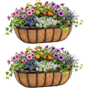 24 Inch Railing Planter Boxes 2 Pack Metal Window Box Planters with Coco Coir Liners, Horse Trough Planter with Adjustable Brackets for Deck Balcony Fence Porch Patio Outdoor Garden, Black
