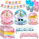 Sliner 171 Pcs Unicorn Birthday Party Supplies Tableware Kit Include Plates Cups Knives Forks Spoons Napkins Tablecloths and Banner for Birthday Unicorn Party Decorations, Serve 24 Guests