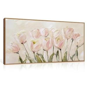 CHDITB Tulip Floral Framed Canvas Wall Art, 20"X40" Watercolor Flower Pink Tulip Textured Oil Painting, Modern Wildflower Wall Decor, Large Pink Floral Artwork for Living Room, Bedroom, Office