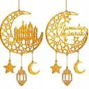 Ramadan Decorations, Ramadan Mubarak Moon & Mosque Wooden Hanging Decorations – Gold Crescent Moon & Star Decor, Eid Ramadan Decorations for Home Party Door Windows, Ramadan Wall Art Sign