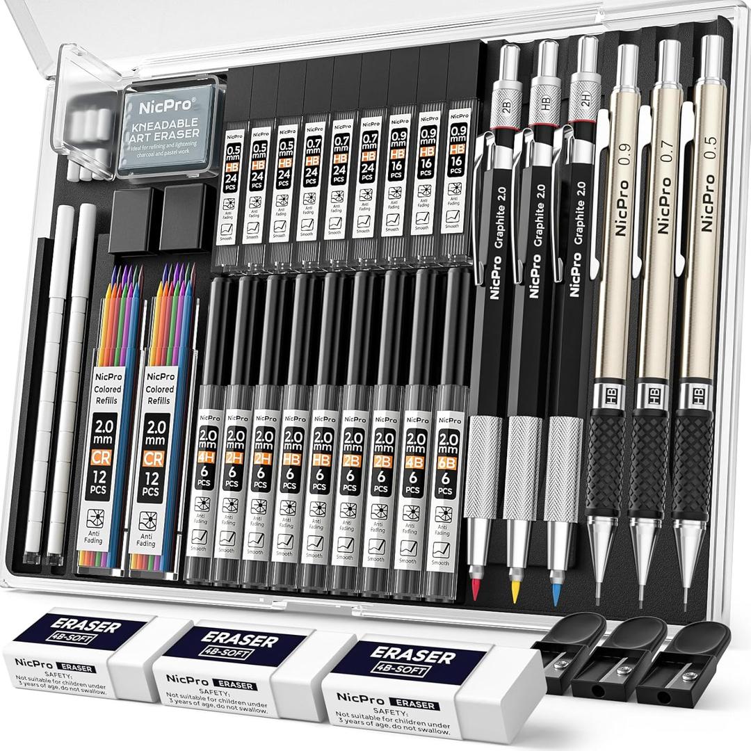 Nicpro 35PCS Art Mechanical Pencil Set, 3 PCS Metal Drafting Pencil 0.5 mm & 0.7 mm & 0.9 mm & 3 PCS 2mm Lead Holder (6B 4B 2B HB 2H 4H Colors) For Sketching Drawing With 20 Tube Lead Refills Case (Black)