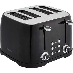 Amazon Basics 4 Slice Toaster with 4 Slots, 6 Browning Settings, Defrost, Removable Crumb Tray, Bagel Function, Cancel Button, 1600W, Black