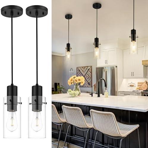 Emak 2 Pack Black Pendant Light Fixtures, Mini Pendant Lighting with Clear Glass Shade, Modern Farmhouse Hanging Lights for Kitchen Island, Bedroom, Bathroom, Sink, PL120-BKBK-2PK