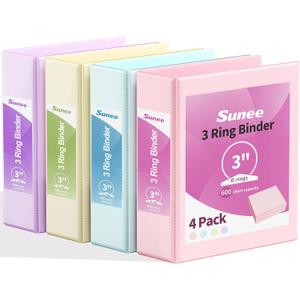 SUNEE 3 Ring Binder 3 Inch 4 Pack, 3" Large Clear View Binders Three Ring PVC-Free (Fit 8.5x11 Inches) for School or Office Supplies, Assorted Pastel