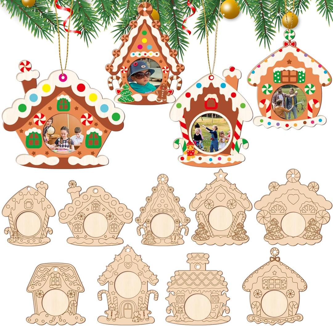 Qyeahkj 27Pcs Wood Christmas Picture Frame Ornament Bulk Coloring You Own Gingerbread House Photo Frame Craft Kits DIY for Christmas Tree Wooden Ornaments for Xmas Holiday Presents Tree Decorations