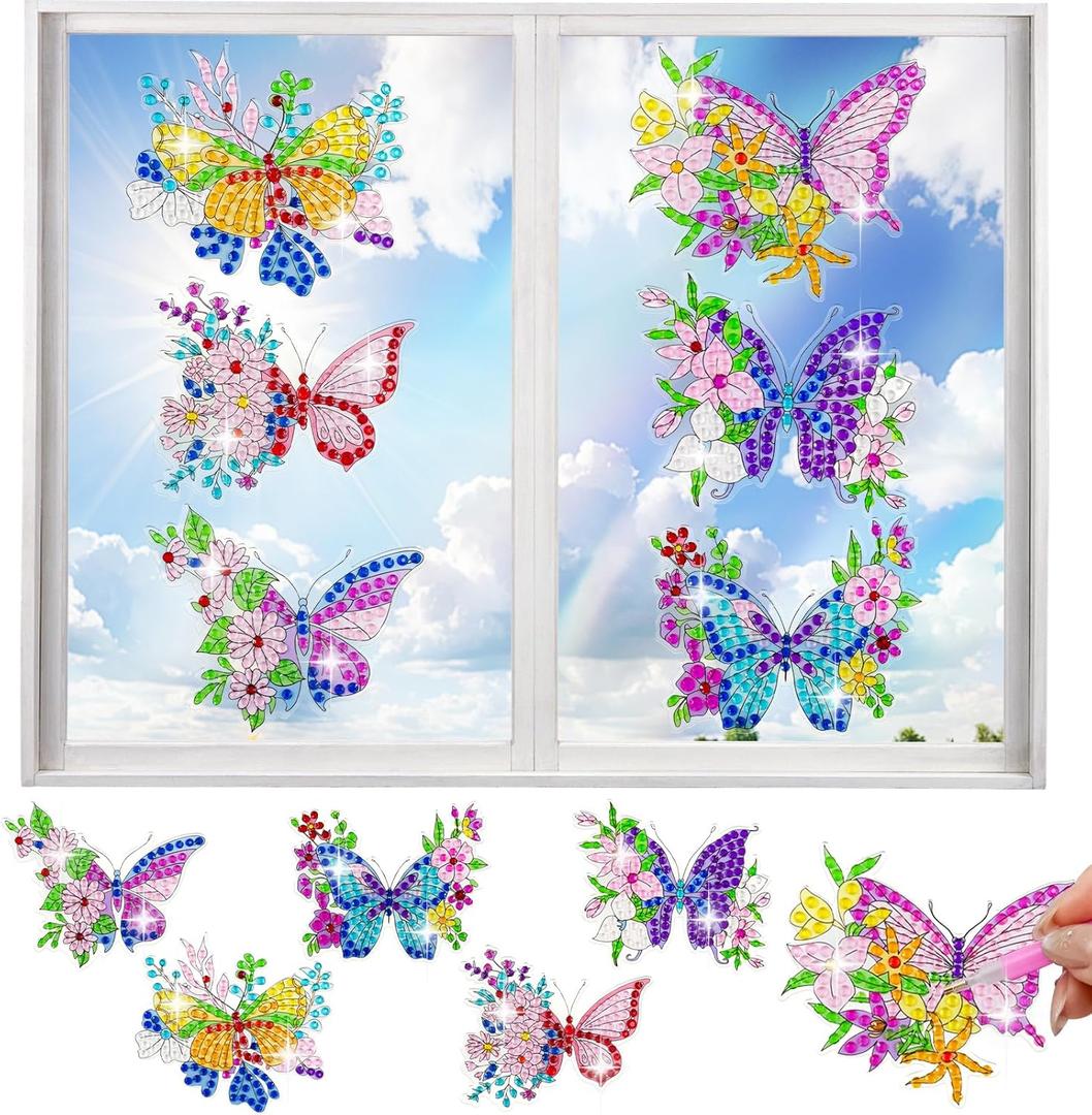 LINGFANG 6 Pcs Diamond Art Stained Glass Window Clings with Diamond DIY Pen Tools, Diamond Painting Window Stickers for Suncatchers, Diamond Art Kits for Adults, Diamond Art Accessories (Butterfly 6)