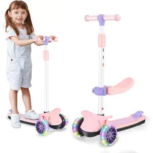 2 in 1 Kick Scooter with Removable Seat, 3 LED Wheels Kick Scooter for Kids, 4 Adjustable Height & Foldable Design Toddler Scooters Sit or Stand Ride for Boys & Girls 2-10 Years Old (pink)