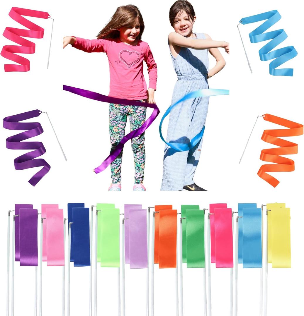 dervea Ribbon Dancing Wands 10pcs Pack, Party Favor for Girls Birthday Favor Bags, Indoor Outdoor Kids Party Games, Gymnastic Party Gifts (Mixed Color with White handle, 10pcs Set)
