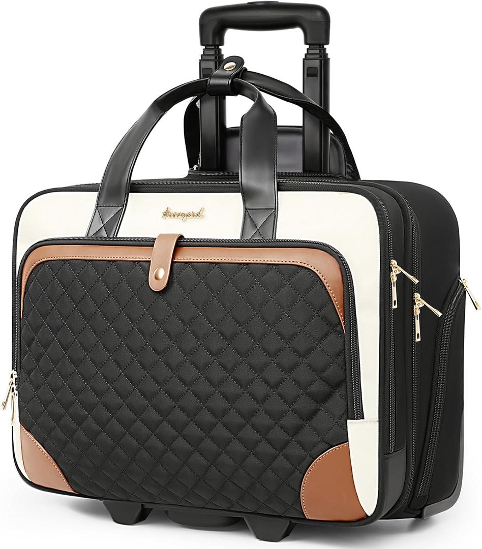 Arcoyard Rolling Laptop Bag, Rolling Briefcase for Women with Waterproof Pocket, 16 Inch Computer Bag, Underseat Carry On Luggage with Wheels for Work Travel Business, Lightweight Beige Brown