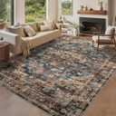 GarveeHome 10x13 Washable Vintage Living Room Area Rug: Vintage Machine Washable Area Rug for Living Room Indoor Large Non-Slip Bedroom Carpet Low Pile Stain Resistant Dining Room Carpet Blue&Brown