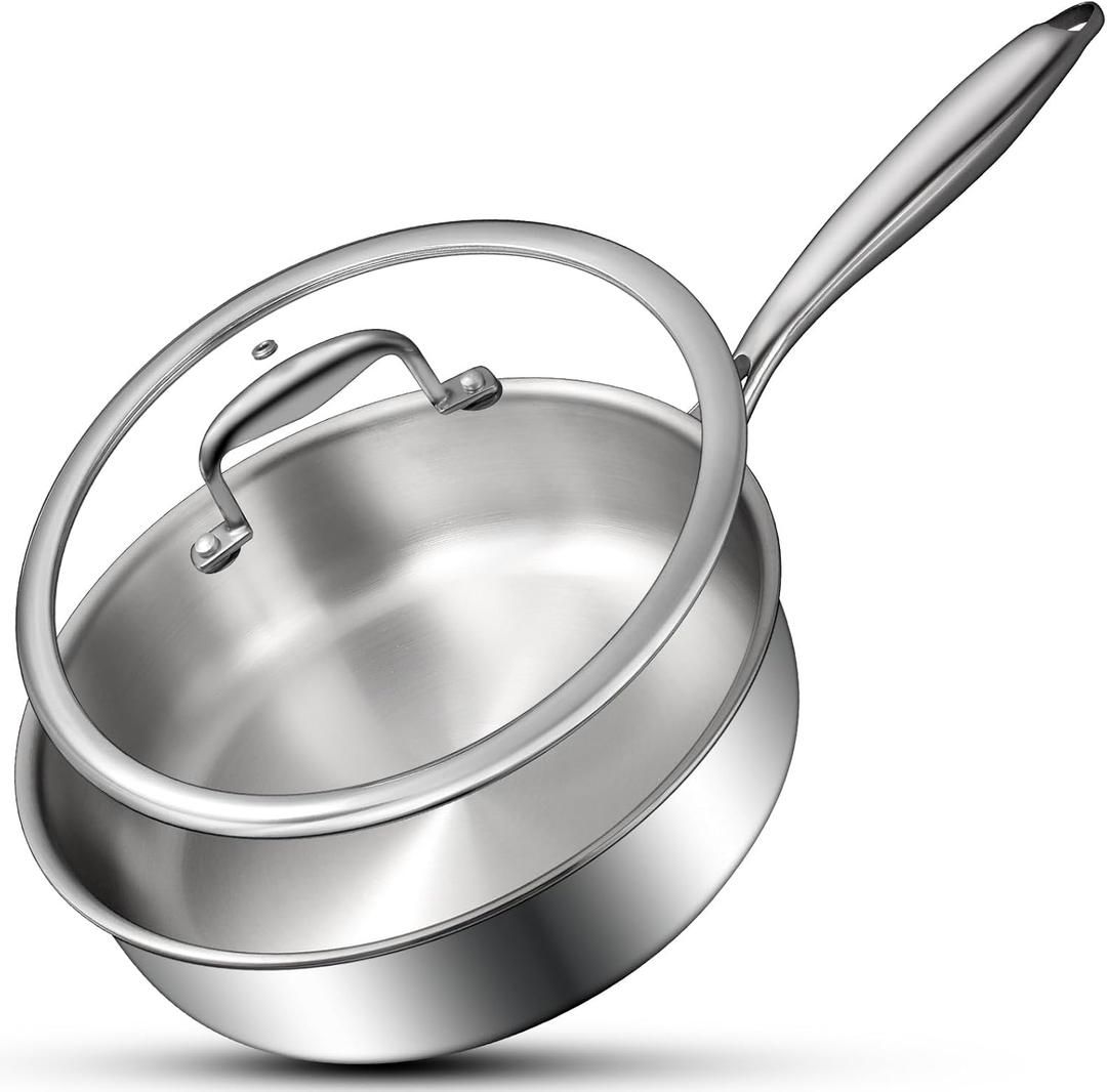EWFEN Tri-Ply Stainless Steel Frying Pan 3QT, 10 Inch Deep Frying Pan with lids, Skillet, Induction Cooking Pan, Dishwasher and Oven Safe, Fast & Even Heat, Heavy Duty and Detachable Handle