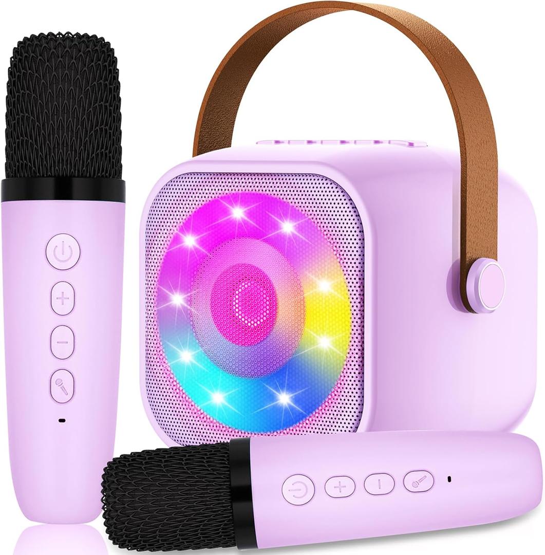 Children's Karaoke with 2 Microphones, Wireless Karaoke Microphone, Bluetooth Speaker with Microphone, Karaoke Machine Toy with LED Light for Children, Adults, Girls, Gift Singing