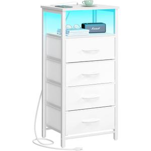 Yoobure Night Stand - LED White Nightstand with Charging Station, Bedside Table with 4 Storage Drawers and Storage Shelf, End Table with USB Ports and Outlets, Tall Dresser for Bedroom