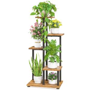 LASZOLA Black 5 Tiered Wood Plant Stand Indoor for Large Heavy Duty Planter, Sturdy Multi Level Corner Vertical Flower Rack for Narrow House, Rustic Tall Orchid Shelving Holder for Decor, Space Saving (26-33 inch, Classic Black + Brown)