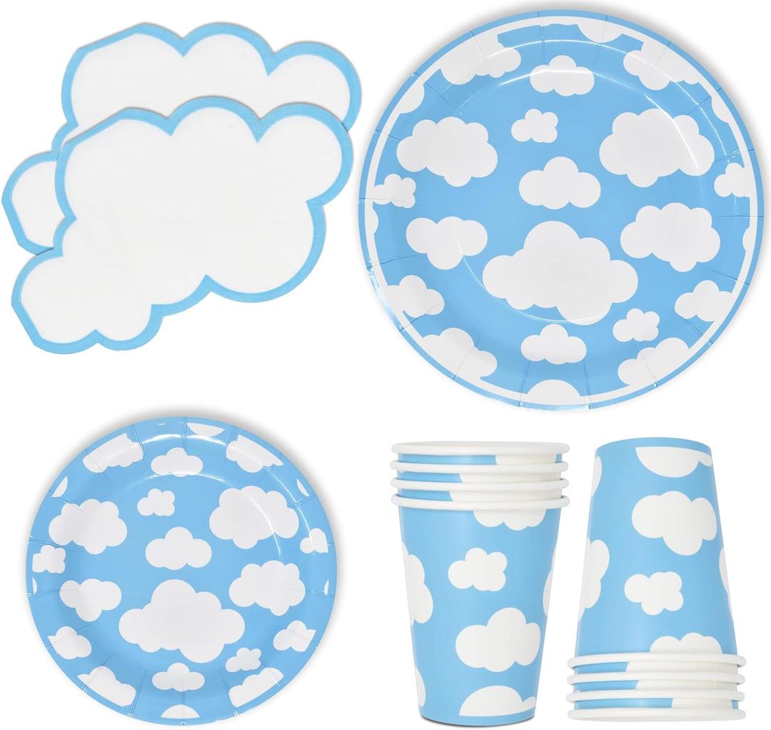 Gift Boutique 96 Pcs Blue Sky White Cloud Party Supplies Set Paper Plates Cups Napkins for Clouds Baby Shower Gender Reveal Birthday Disposable Dinnerware Serves 24