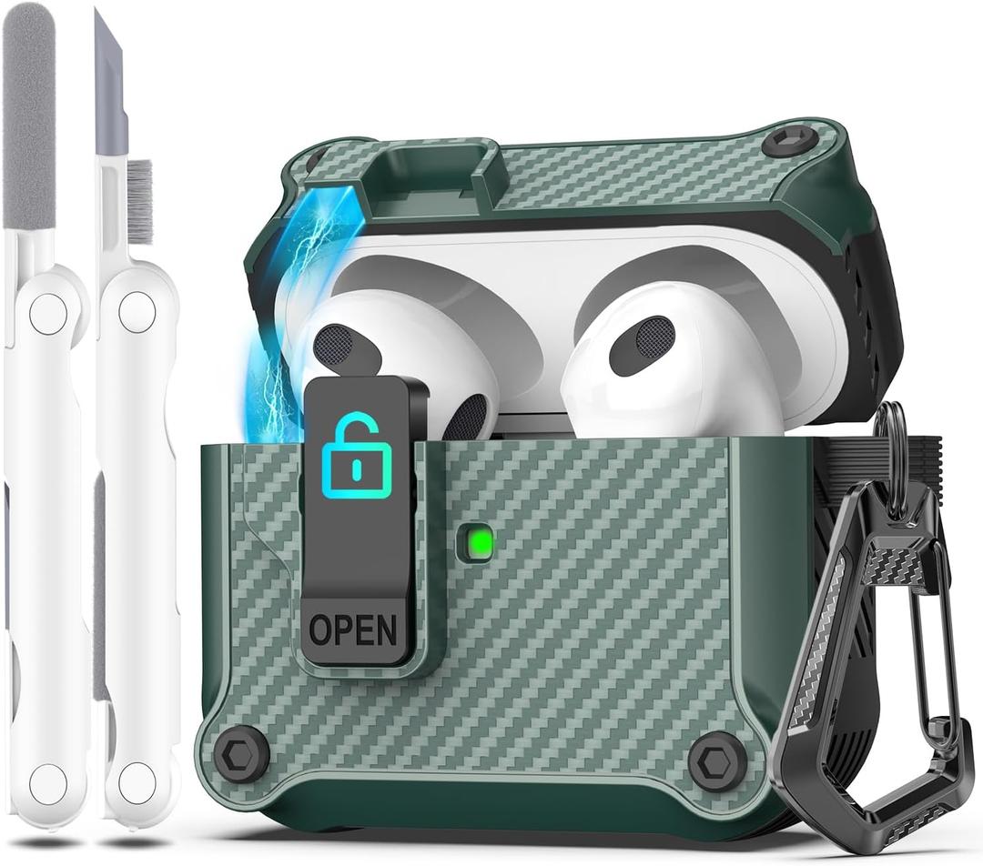 R-fun for AirPods 3rd Generation 2021 Charging Case Cover, Full Drop Protection Auto Pop-Up Lid Design for Apple Airpod 3 Gen Case with Cleaner Kit & Keychain,Fiber Pine Green
