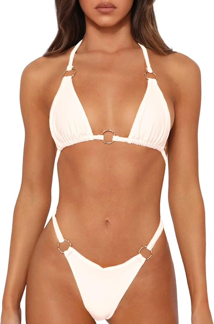 Sexy Bikinis for Women 2 Piece Bikini Spaghetti Strap Swimsuits Solid Color Bathing Swimwear Triangle Bathing Suit (Large, White)