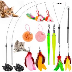 Cat Toys, 2 Pack 3 in 1 Interactive Cat Toy for Indoor Cats with Sticky Super Suction Cup Detachable 10 Pcs Replacements Feathers Balls Mice 2 Wand Hanging Door Kitten Toys