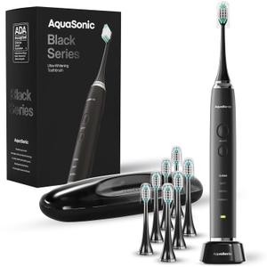 Aquasonic Black Series Ultra Whitening Toothbrush – ADA Accepted Electric Toothbrush - 8 Brush Heads & Travel Case – 40,000 VPM Electric Motor & Wireless Charging - 4 Modes w Smart Timer