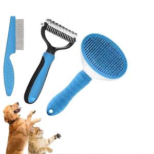 3PCS Self Cleaning Slicker Brush & Dog Comb - Skin Friendly Deshedding Grooming Tool for Dogs, Cats and Small Animals, Professional Deshedding Dematting Tool for Long and Short Haired Pets (Blue)
