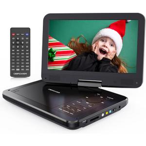 DBPOWER 12" Portable DVD Player with 5-Hour Rechargeable Battery, 10" Swivel Display Screen and SD/USB Port, with 1.8m Car Charger, Power Adaptor and Car Headrest Mount, Region Free (Black)