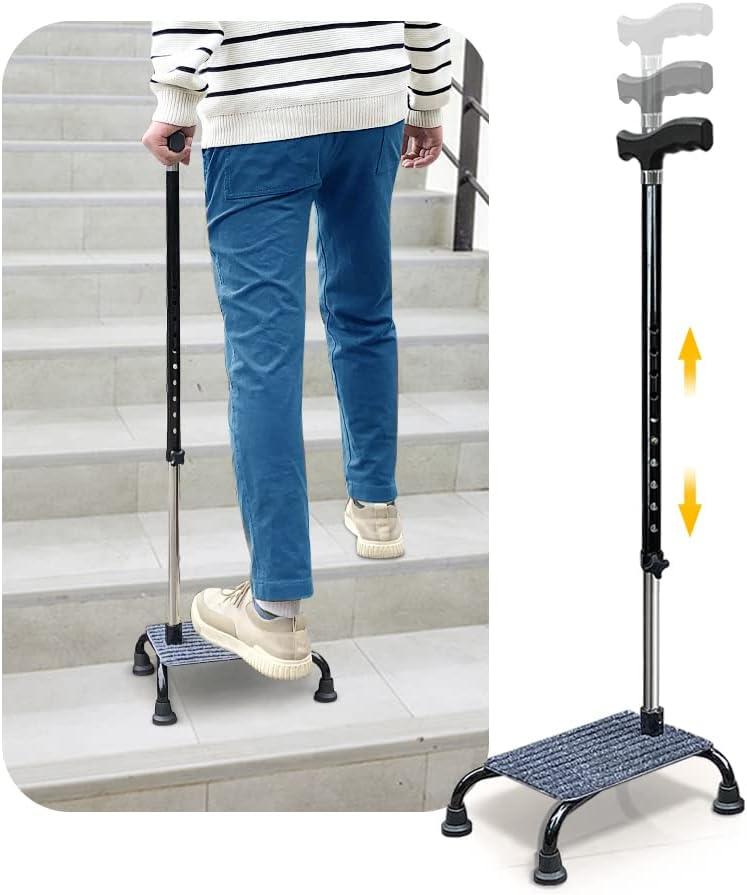 Stair Climbing Cane Half Steps for Stairs Lifts Seniors Elderly Stair Cane Walking Aids for Stability 4 Prong Base Adjustable Sticks Stair Helper Assist Devices Mobility Aids Equipment - Black