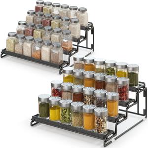 4 Tier Spice Rack Organizer for Cabinet - Black (2 Pack) | Spice Holder Shelf with Protection Railing for Inside Cabinets, Countertop, Pantry Storage & Seasoning Organization